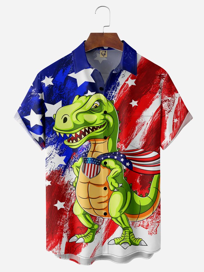 American Flag Dinosaur Chest Pocket Short Sleeve Casual Shirt Hawaiian Shirt