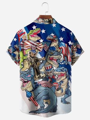 Memorial Day Flag Dinosaur Chest Pocket Short Sleeve Shirt Hawaiian Shirt