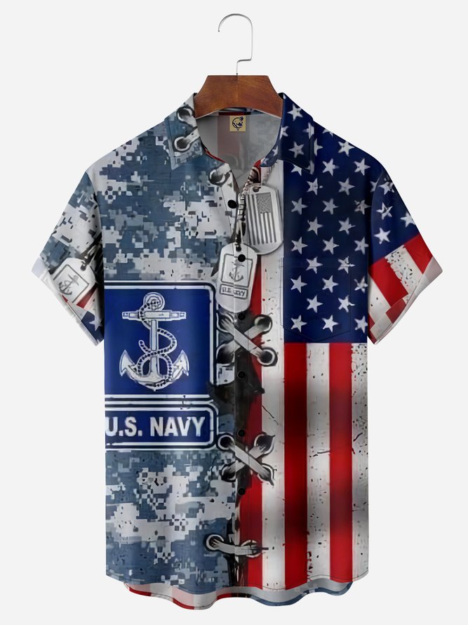 Veterans Navy Chest Pocket Short Sleeve Casual Shirt Hawaiian Shirt