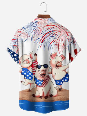 American Flag Pigs Chest Pocket Short Sleeve Casual Shirt Hawaiian Shirt