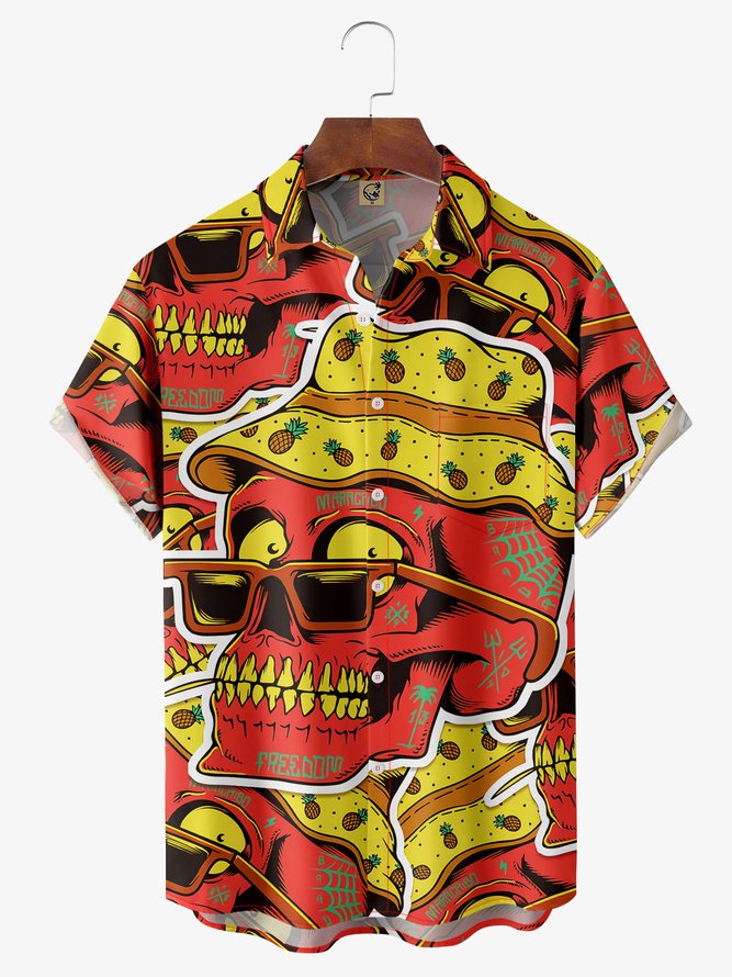 Funky Skull Chest Pocket Short Sleeve Hawaiian Shirt