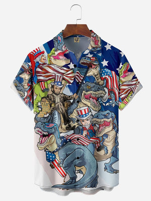 Memorial Day Flag Dinosaur Chest Pocket Short Sleeve Shirt Hawaiian Shirt