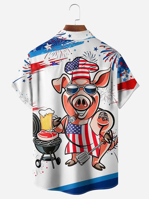 American Flag Mr Pig Cook Chest Pocket Hawaiian Shirt