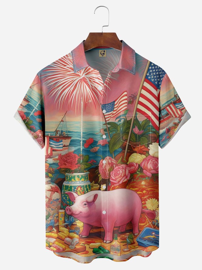 USA Flag Pig Chest Pocket Short Sleeve Casual Shirt Hawaiian Shirt