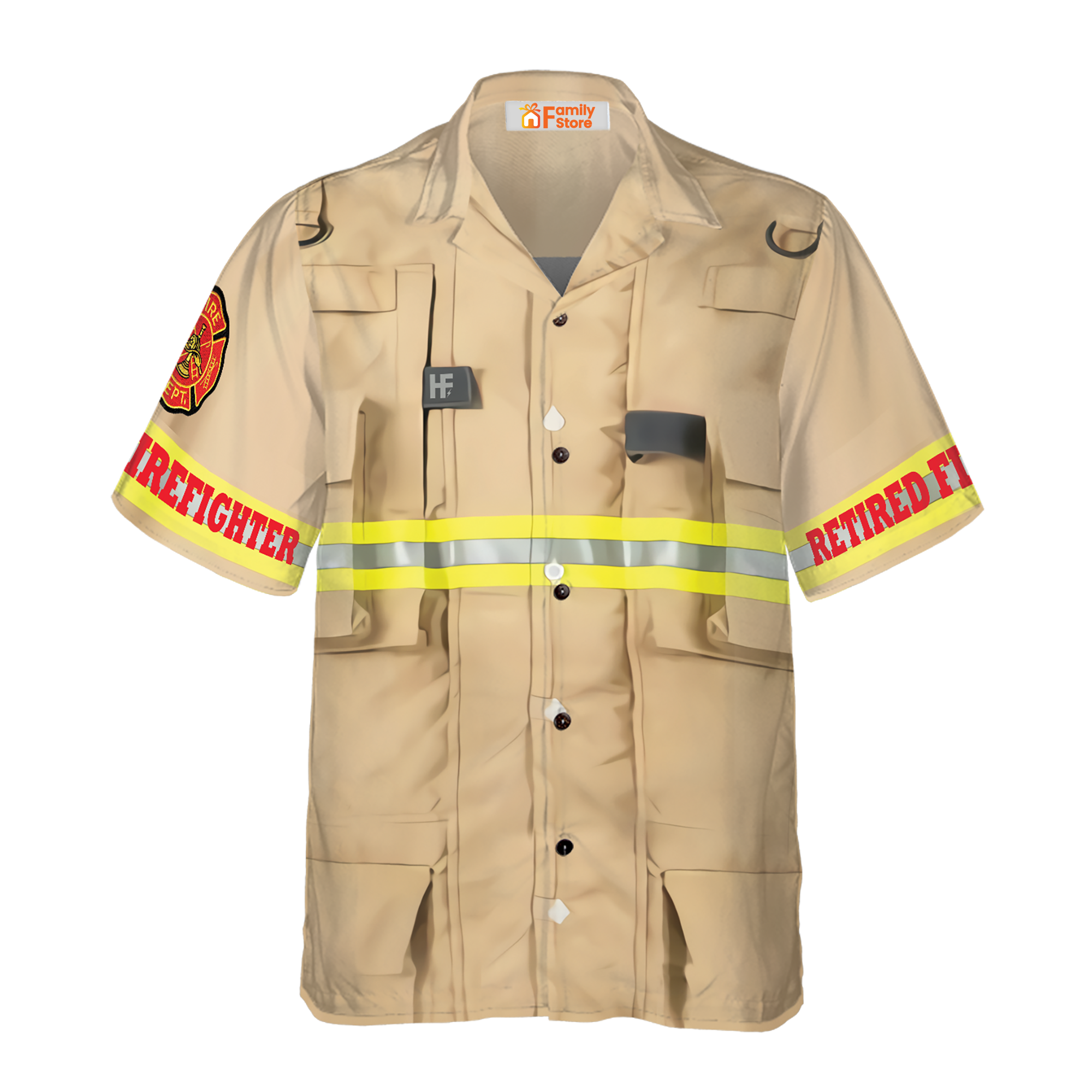 Cream Life Vest Work Uniform Fire Dept Logo Firefighter Hawaiian Shirt