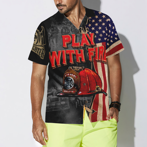 Play With Fire Firefighter Helmet American Flag Hawaiian Shirt