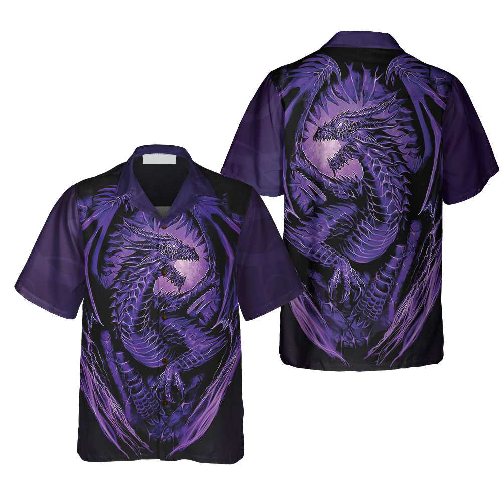 Purple Neon Dragon Hawaiian Shirt, Black And Purple Dragon Shirt