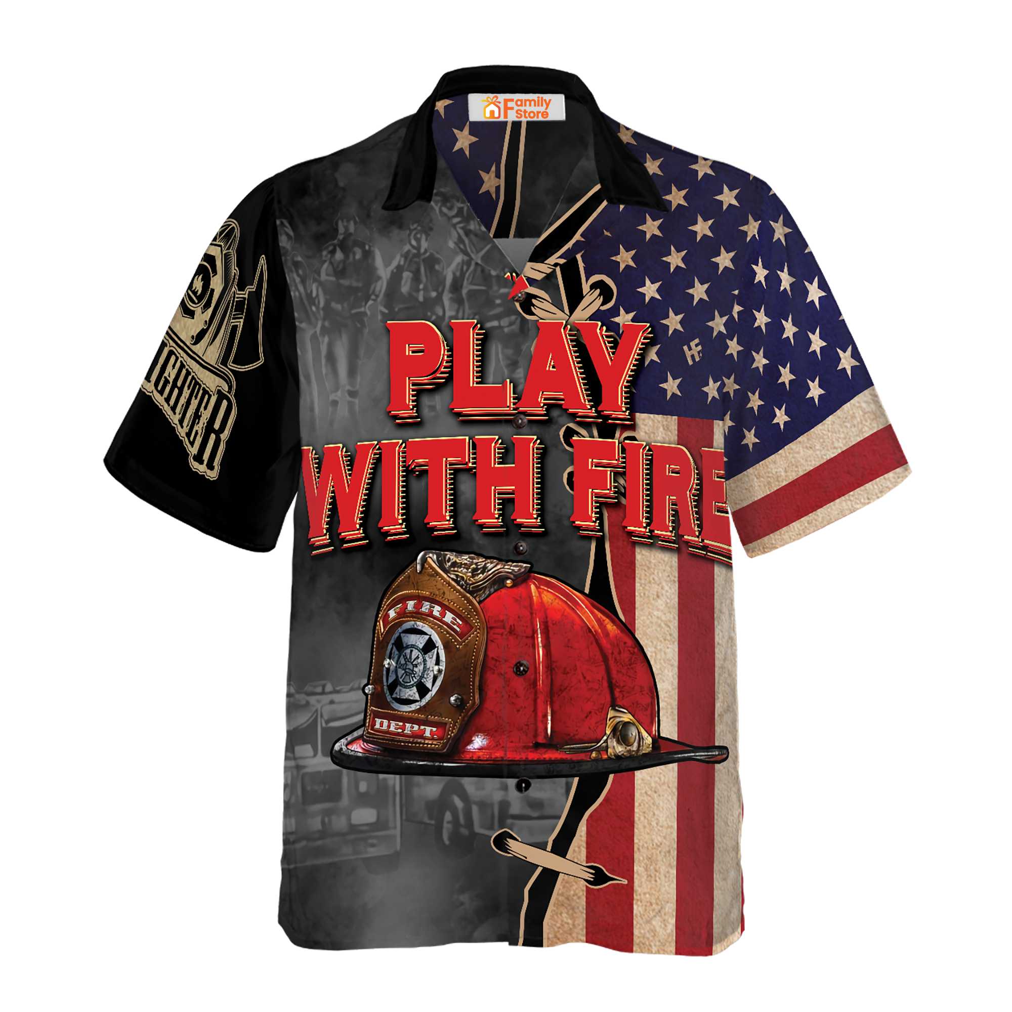 Play With Fire Firefighter Helmet American Flag Hawaiian Shirt