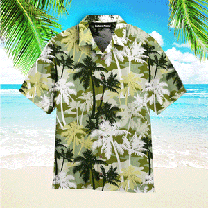 Palm Tree Silhouettes On Camouflage Pattern White And Gray Hawaiian Shirts