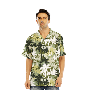 Palm Tree Silhouettes On Camouflage Pattern White And Gray Hawaiian Shirts