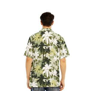 Palm Tree Silhouettes On Camouflage Pattern White And Gray Hawaiian Shirts