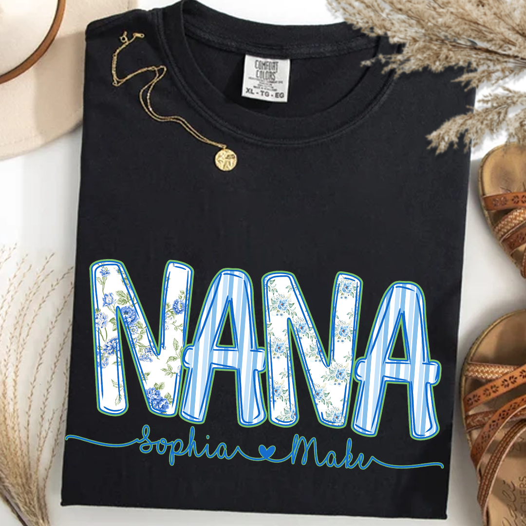 Personalized Nana Shirt Floral Print Comfort Colors Tee Custom Grandmother Gift with Grandkids Names_Black_S 1 rsCwQ