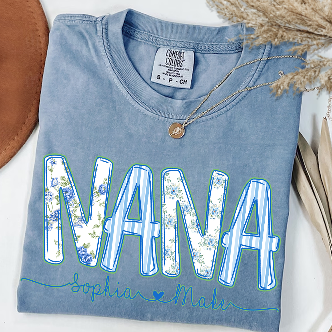 Personalized Nana Shirt Floral Print Comfort Colors Tee Custom Grandmother Gift with Grandkids Names_Blue Jean_S 1 zFRBY