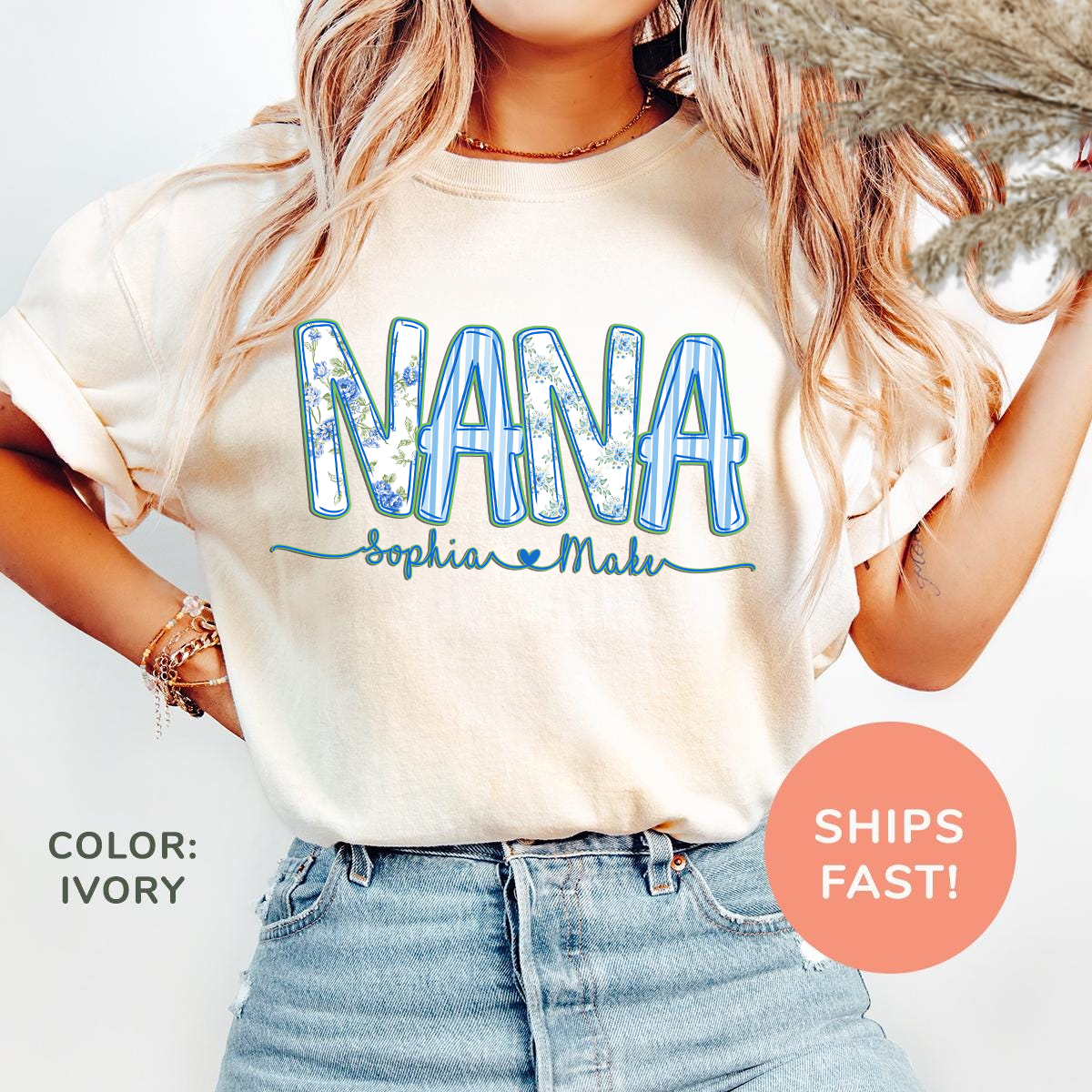 Personalized Nana Shirt Floral Print Comfort Colors Tee Custom Grandmother Gift with Grandkids Names_Ivory_S 1 gbaZ2