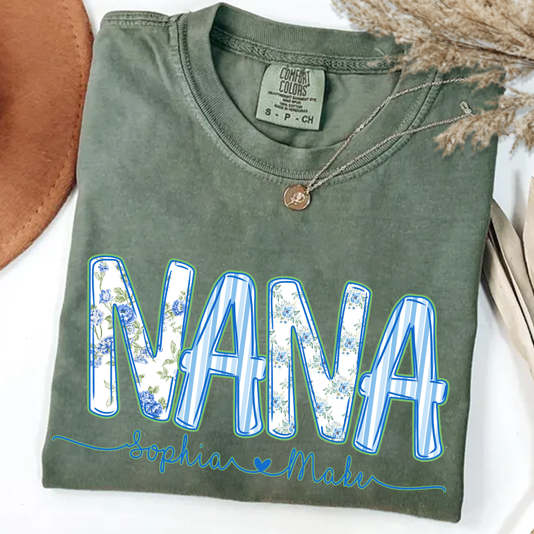 Personalized Nana Shirt Floral Print Comfort Colors Tee Custom Grandmother Gift with Grandkids Names_Moss_S 1 q216S