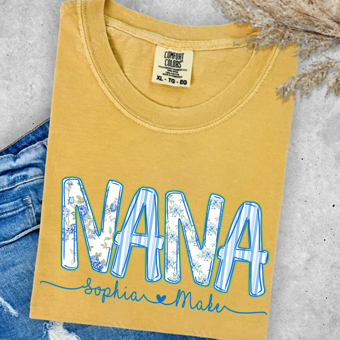 Personalized Nana Shirt Floral Print Comfort Colors Tee Custom Grandmother Gift with Grandkids Names_Mustard_S 1 IVfLr