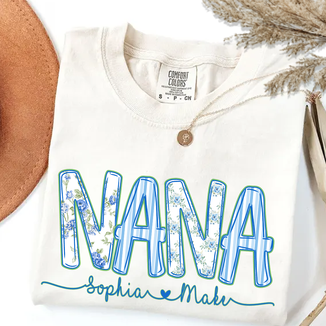 Personalized Nana Shirt Floral Print Comfort Colors Tee Custom Grandmother Gift with Grandkids Names_White_S 1 7DjS4