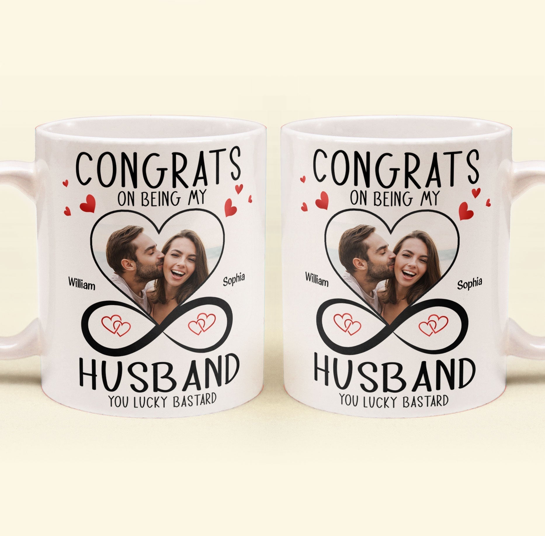 Custom Photo Congrats On Being My Husband - Personalized Ceramic Mug - Gift For Couple, Husband Wife, Anniversary, Engagement, Wedding, Marriage Gift NH96