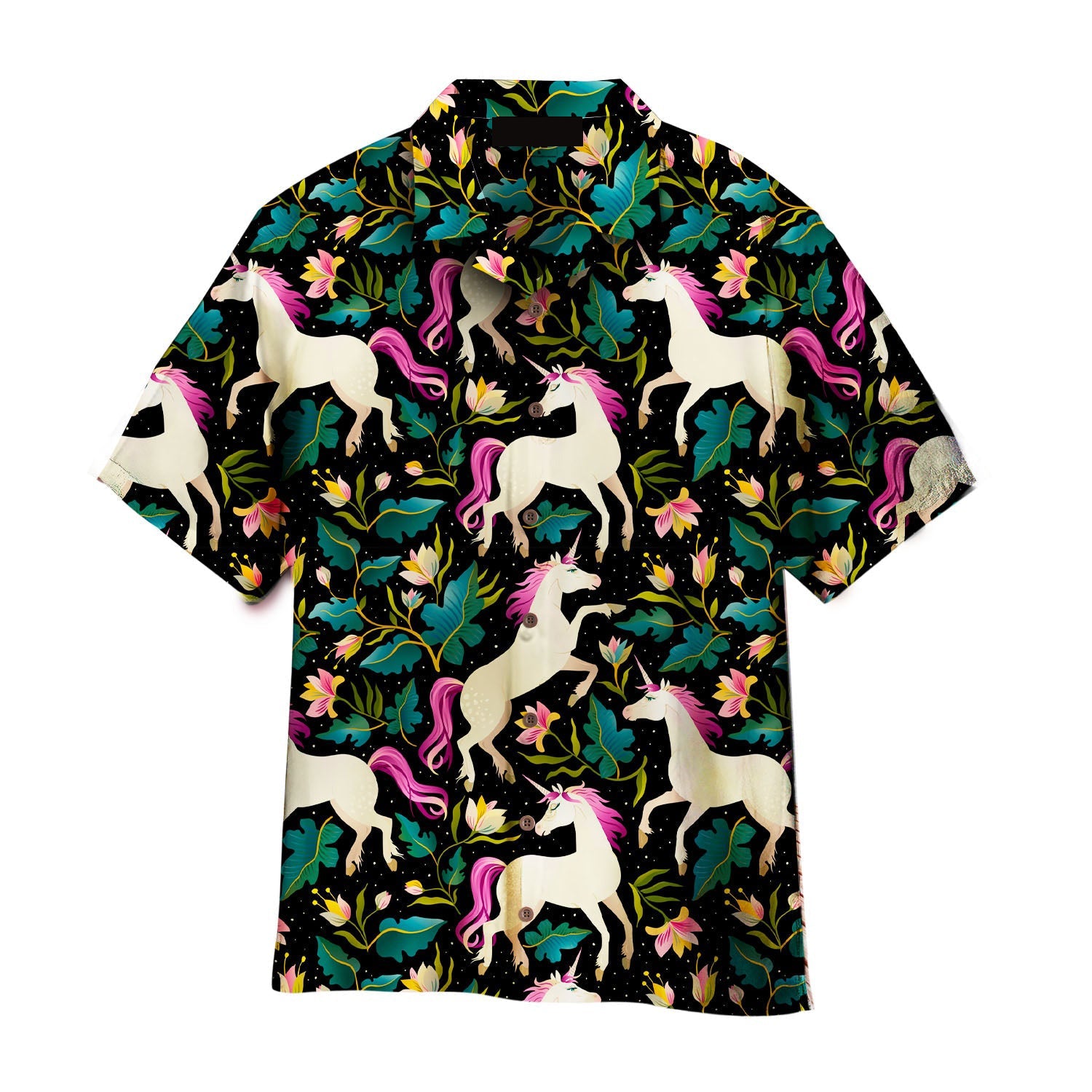 Pink Unicorn Floral Tropical Black Aloha Hawaiian Shirts For Men & Women