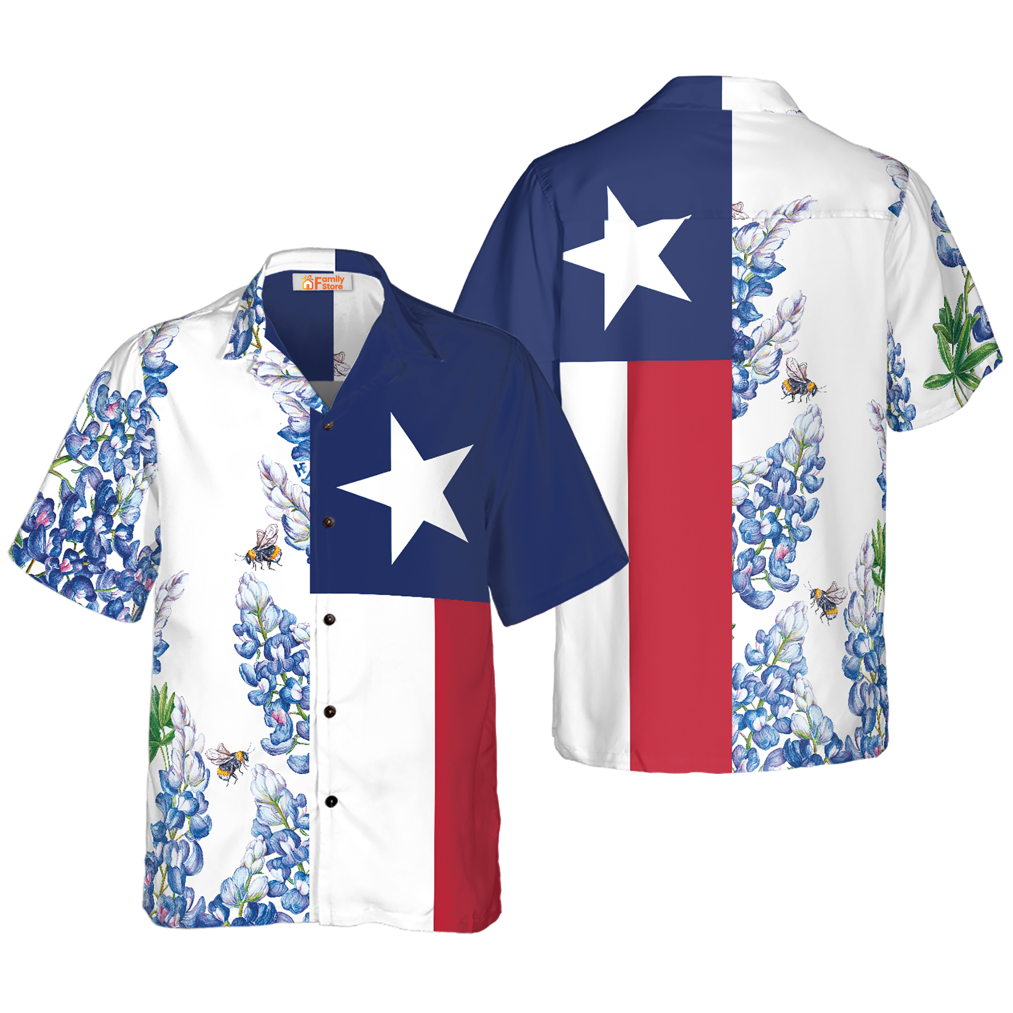 Floral Texas Flag, Royal Blue Bluebonnet Texas Hawaiian Shirt