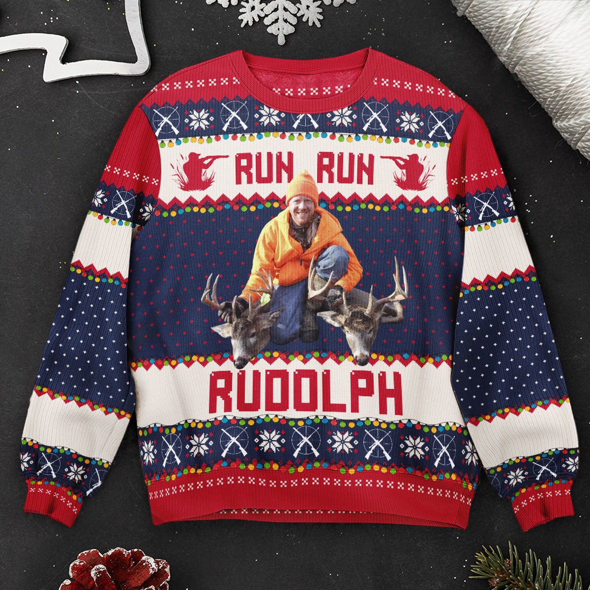 Run Run Rudolph Hunting Christmas Gifts For Dad_ Grandpa_ Husband Personalized Photo Ugly Sweater_7