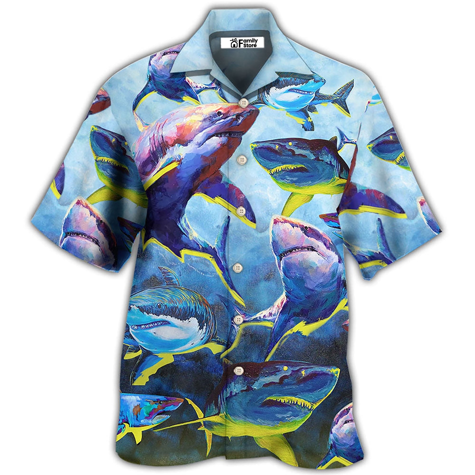 Shark Family Blue And Yellow Light Hawaiian Shirt