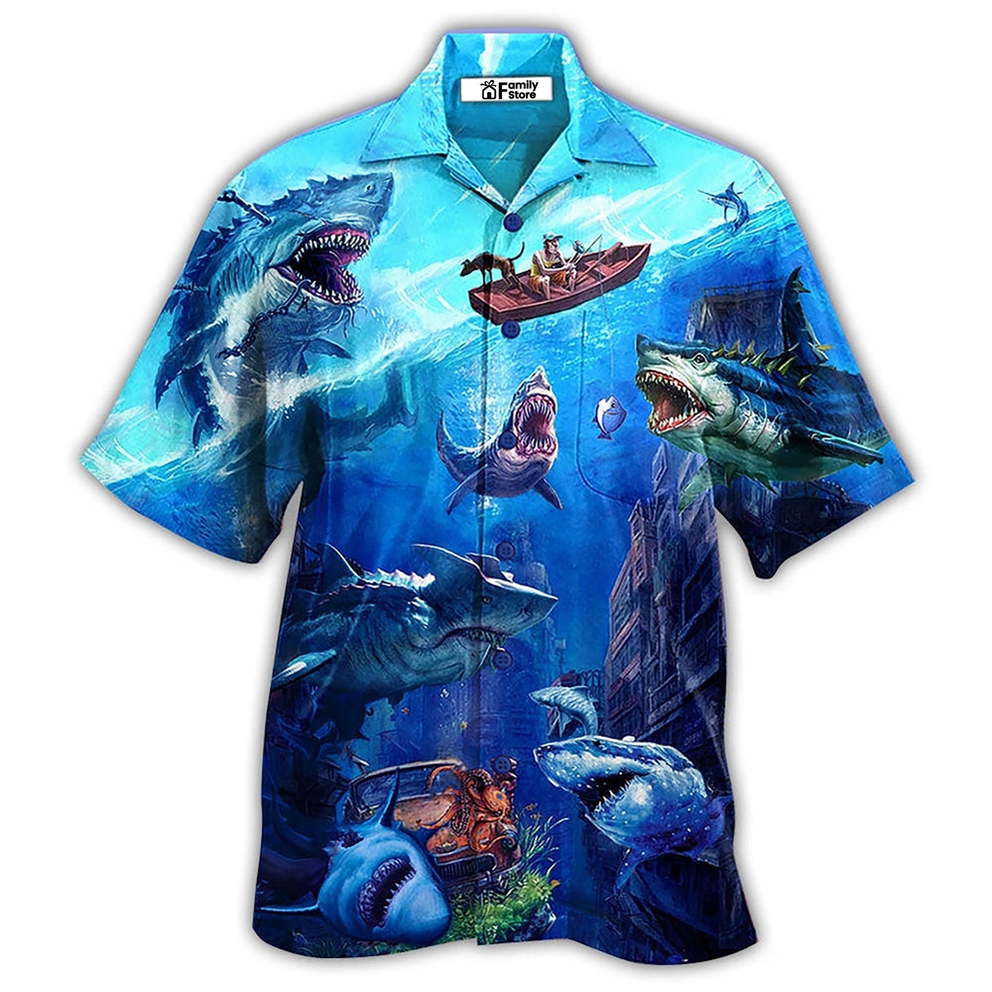 Shark Fishing Shark With Small Ship Blue Ocean Hawaiian Shirt