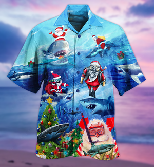 Shark Love Santa Blue Sea Hawaiian Shirt