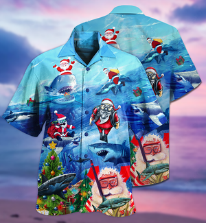 Shark Love Santa Blue Sea Hawaiian Shirt