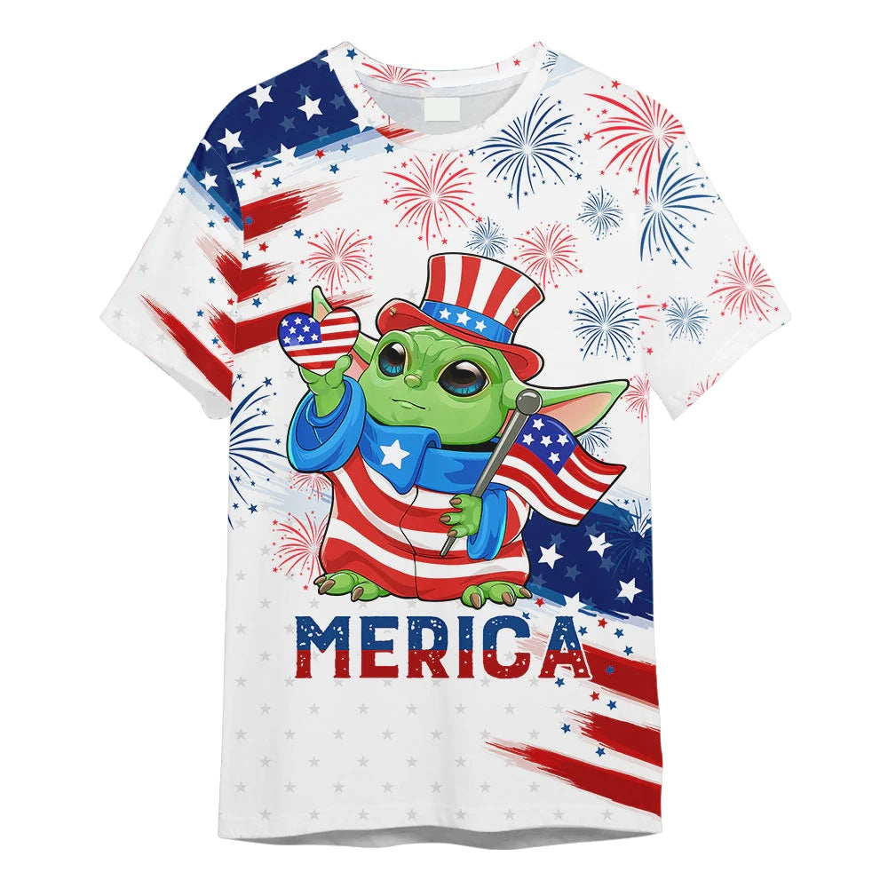 Star Wars Baby Yoda Holds The US Flag 3D T-shirt