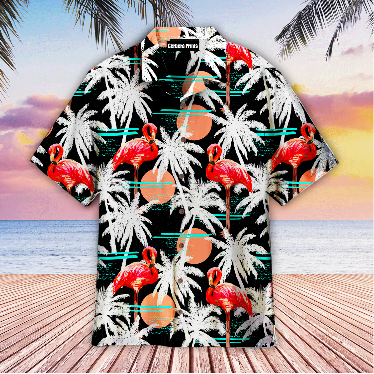 Stork And Coconut Tree Palm Trees And Pink Flamingo Hawaiian Shirts