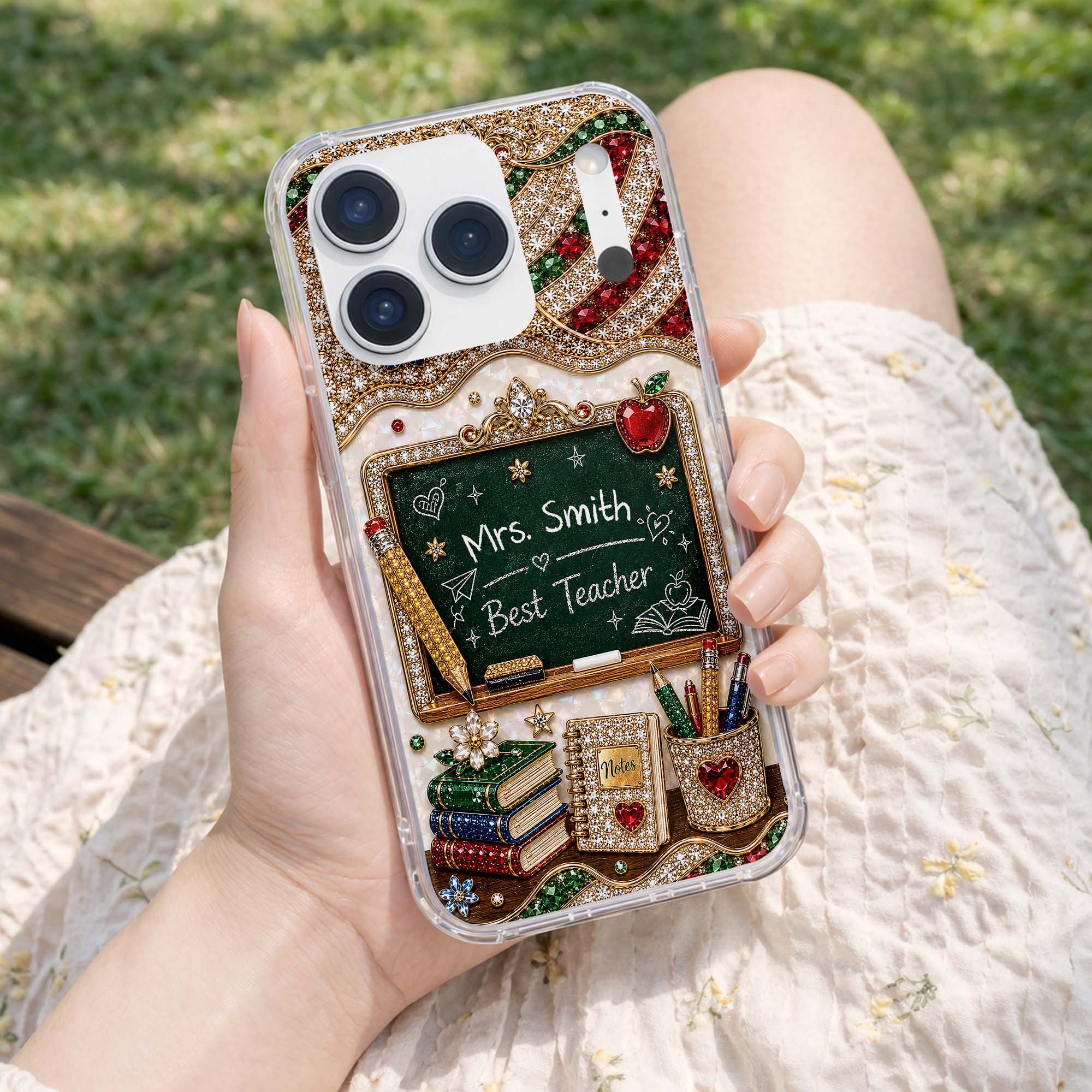 MBest Teacher Rhinestone Chalkboard With Apple And Books - Personalized Phone Case - Gifts For Teacher VD01 