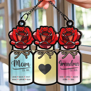 Flower Mason Jar Mom Grandma Great Grandma - Personalized Window Hanging Suncatcher Ornament - Gift For Mom, Grandma, Mother's Day | NA94