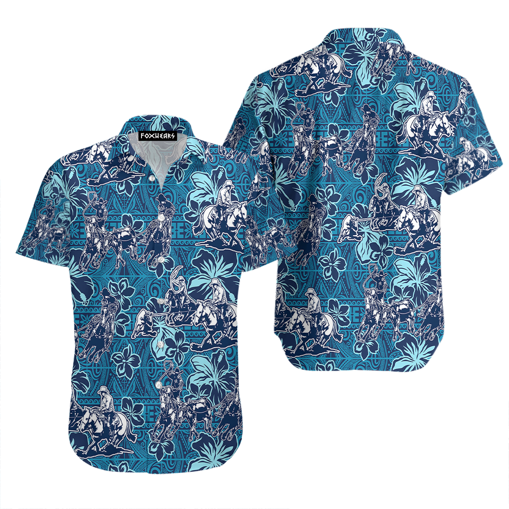 Team Roping Cowboy And Horse Blue Tribal Pattern Hawaiian Shirt