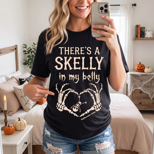 There_s_A_Skelly_In_My_Belly_Pregnancy_Announcement_Personalized_Shirt_2