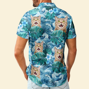 Custom Photo Funny Faces Blue Big Wave In The Ocean - Personalized Hawaiian Shirt