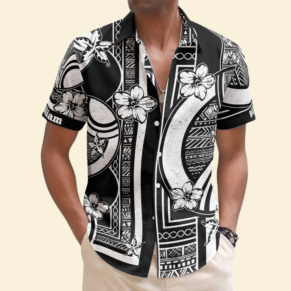 Custom Name Kapa Pattern Vintage Black White - Personalized Hawaiian Shirt
