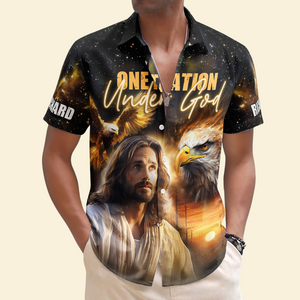 Custom Name US Eagle One Nation Under God Jesus - Personalized Hawaiian Shirt