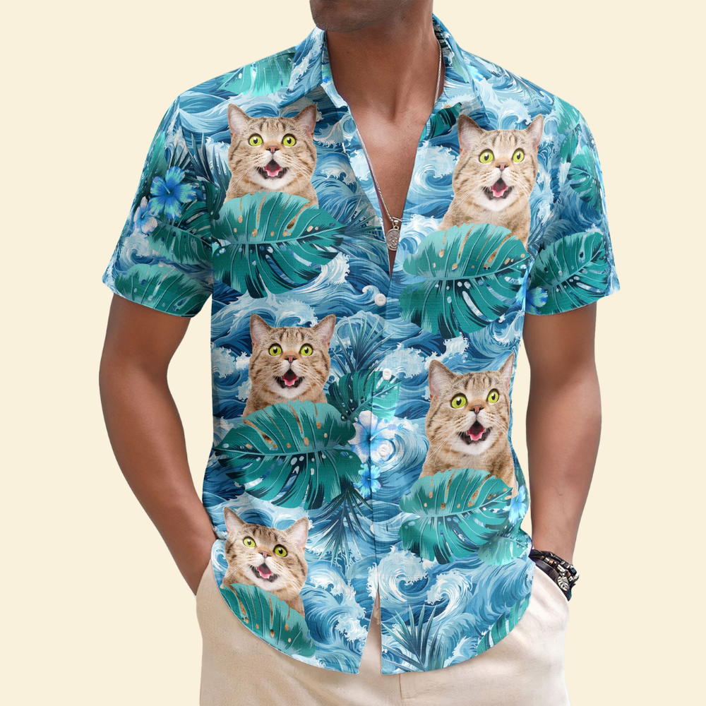 Custom Photo Funny Faces Blue Big Wave In The Ocean - Personalized Hawaiian Shirt