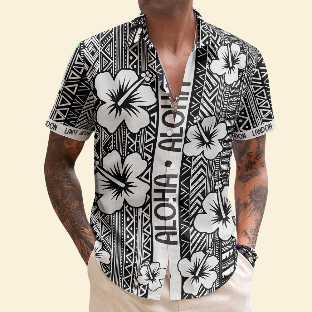 Custom Name Vintage Hibiscus Tropical Pattern - Personalized Hawaiian Shirt