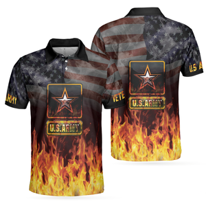 US Army Veteran And Flame American Flag Veteran Polo Shirt