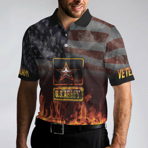 US Army Veteran And Flame American Flag Veteran Polo Shirt