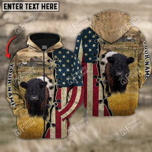 Personalized Name Uni Belted Galloway On Farms American Flag 3D Hoodie