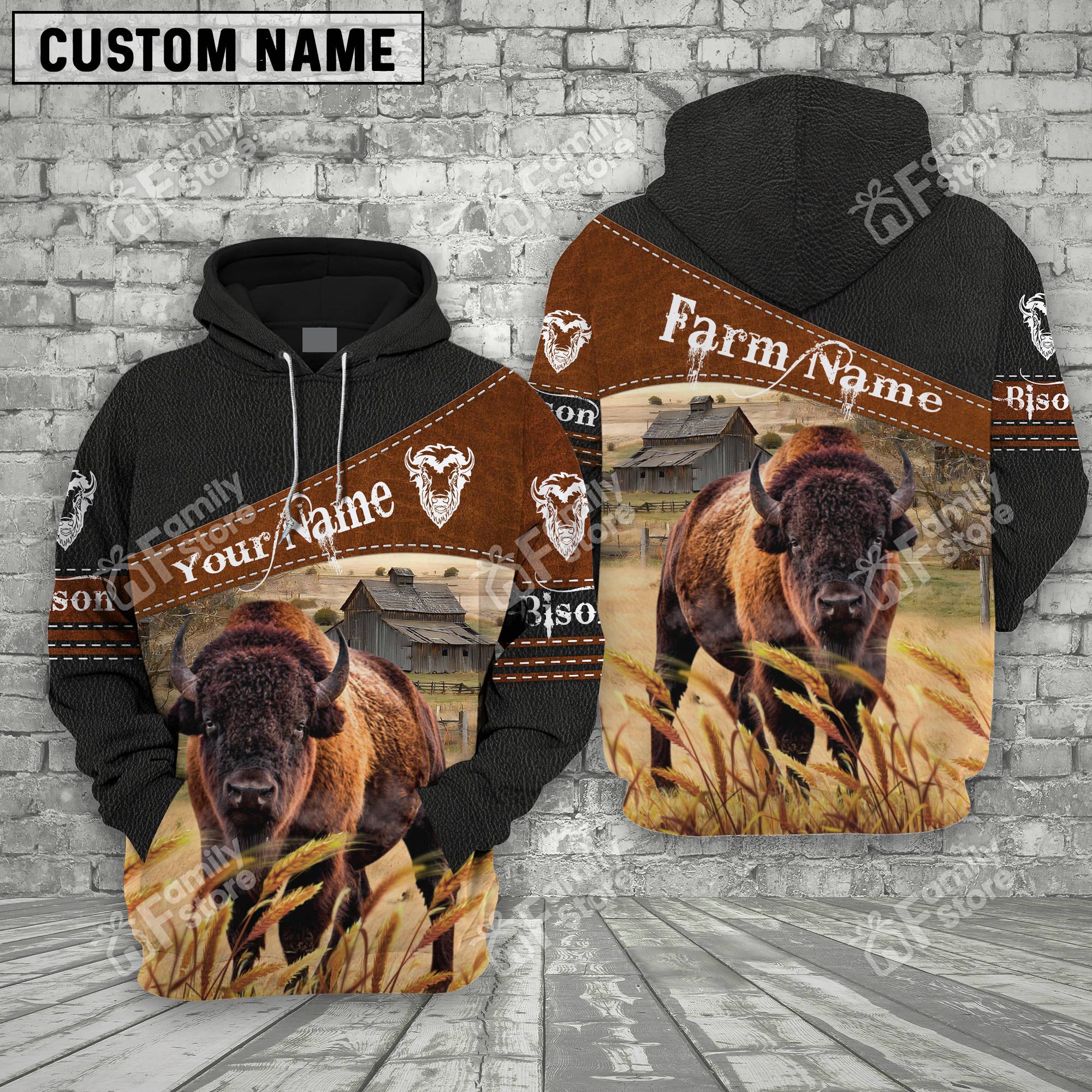 Personalized Name Uni Bison On Farm Black Hoodie