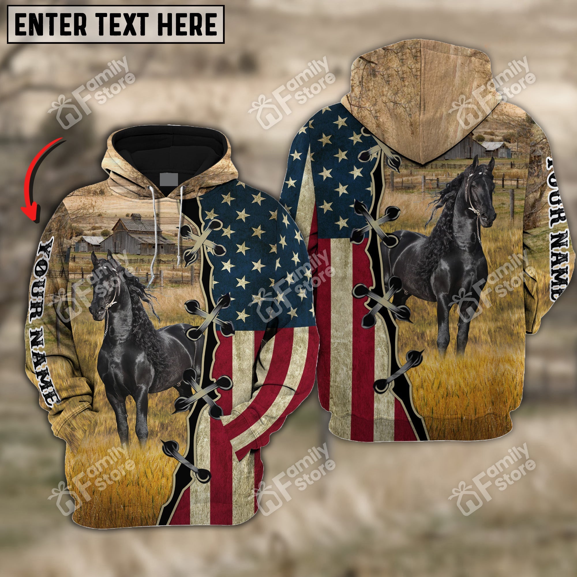 Personalized Uni Black Horse On Farms American Flag 3D Hoodie