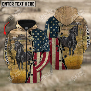 Personalized Uni Black Horse On Farms American Flag 3D Hoodie