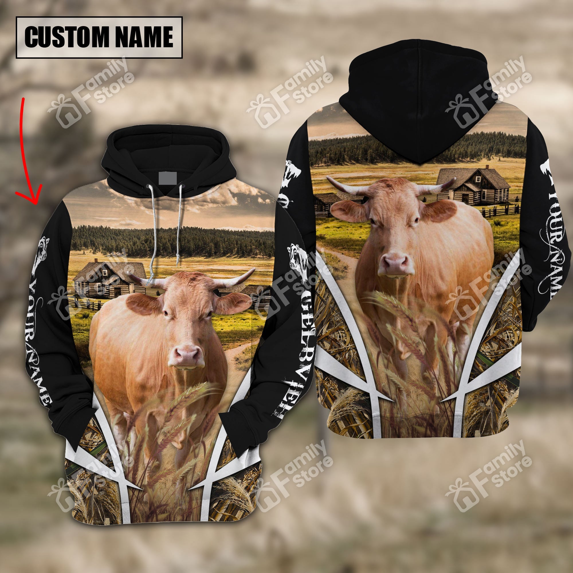 Personalized Uni Gelbvieh Meadow Pattern Black Hoodie