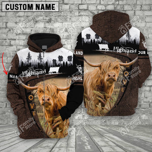 Personalized Uni Highland Cattle On Farms Printed 3D Wooden Forest Hoodie