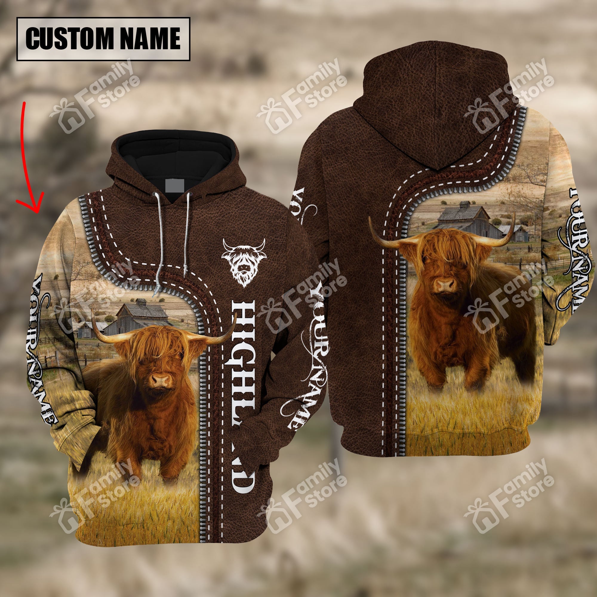 Personalized Uni Highland Farming Leather Pattern 3D Hoodie