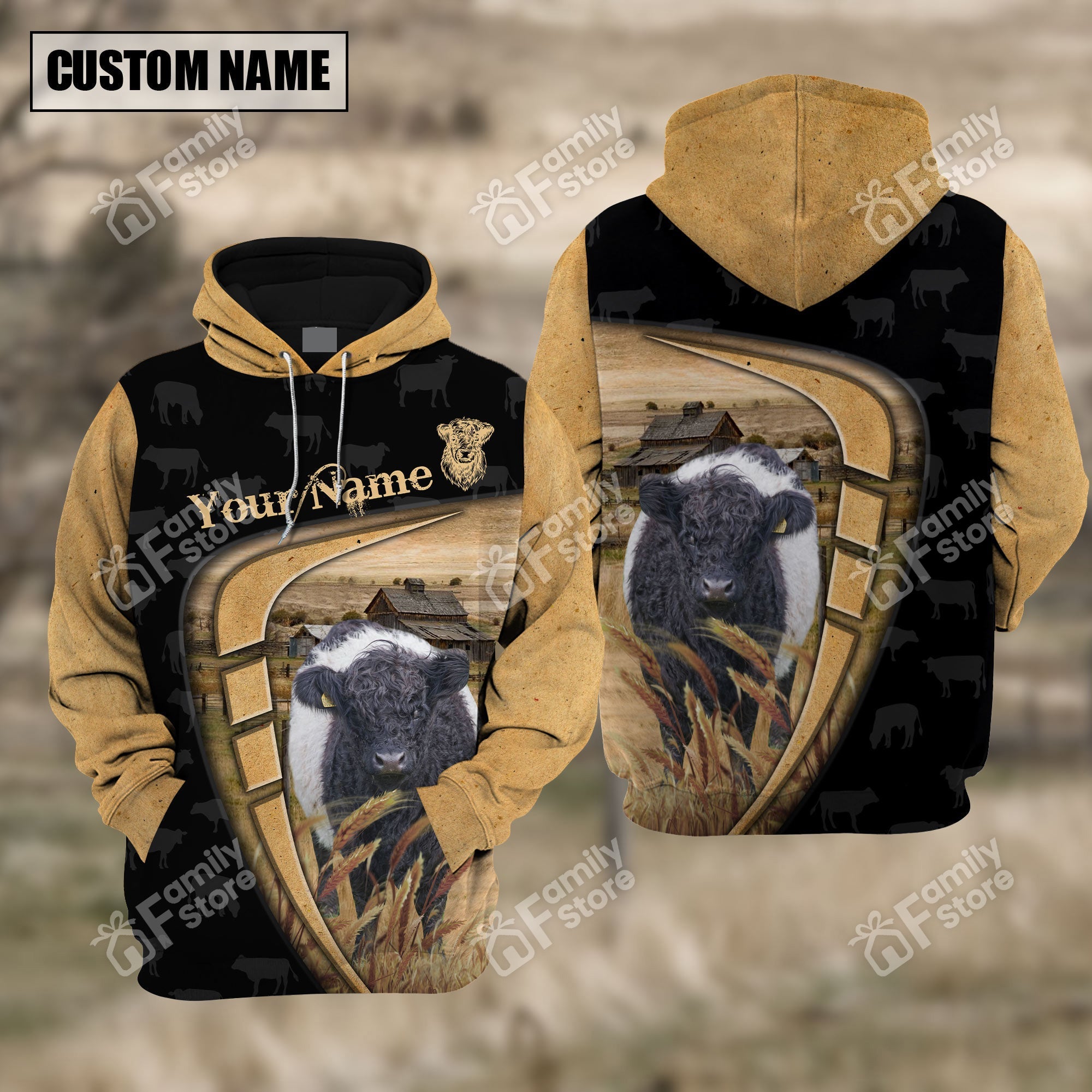 Personalized Name Uni Farm Belted Galloway Black Yellow Hoodie